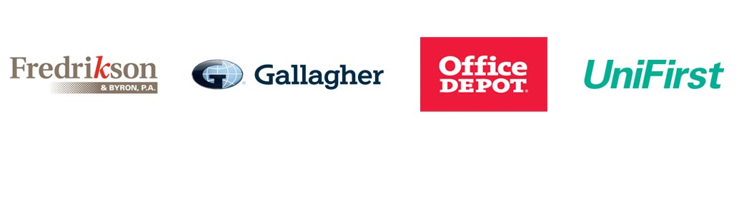 Our partner logos: Fredrikson & Byron, P.A., Gallagher, Office Depot, UniFirst